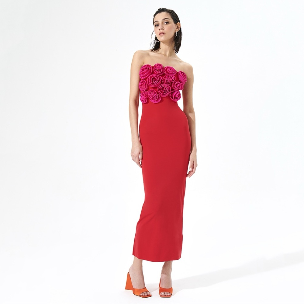 Chic Strapless Red Dress with Pink Floral Detail